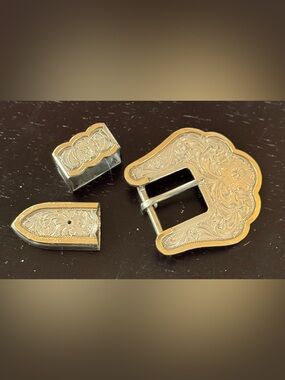 Vintage Silver and Gold Spanish/Western Engraved Belt Buckle Set